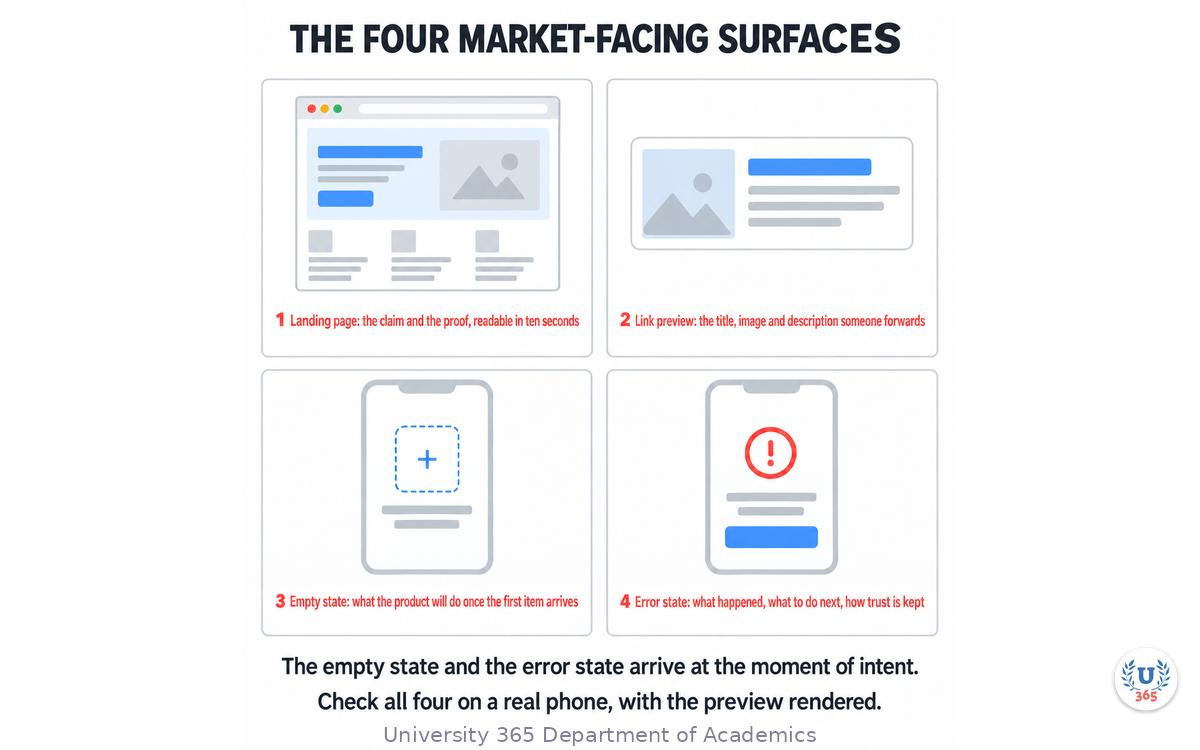 The four market-facing surfaces (landing page, link preview, empty state, error state) with what each must communicate