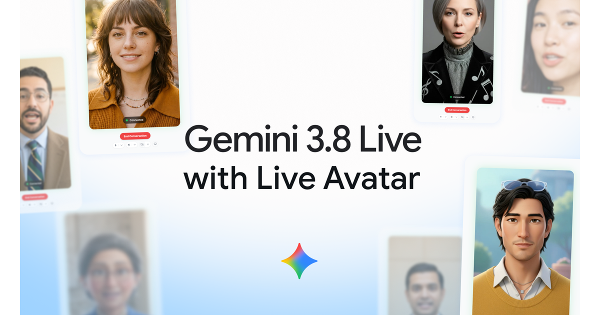 The vendor's own Cloud Blog launch artwork for Gemini 3.8 Live with Live Avatar, carrying the feature name and the avatar panels the announcement illustrates