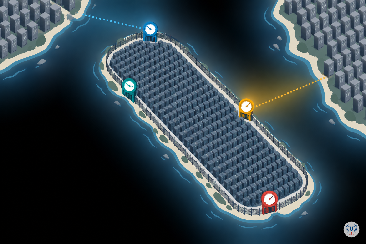 Illustration: a small island packed with server racks inside a fenced perimeter with four metered gates, and unlit racks on neighbouring landmasses joined by dotted lines.