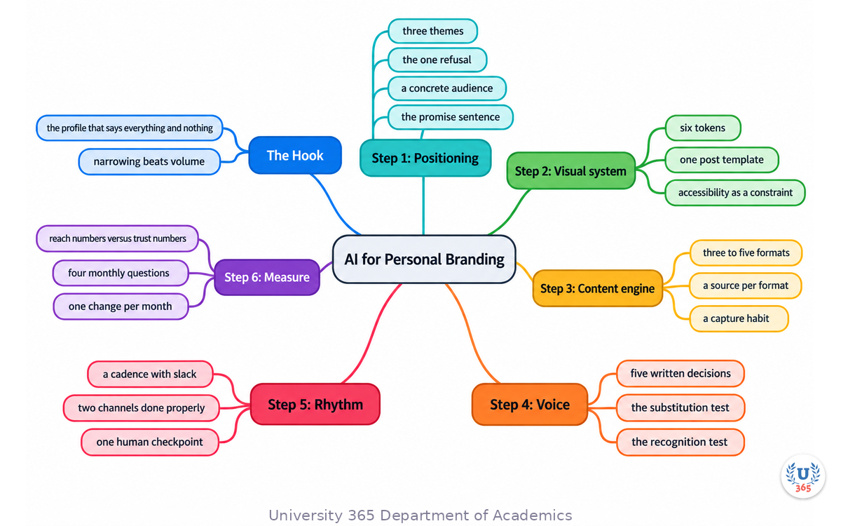 The complete personal branding system from positioning through visual tokens, content formats, voice and measurement