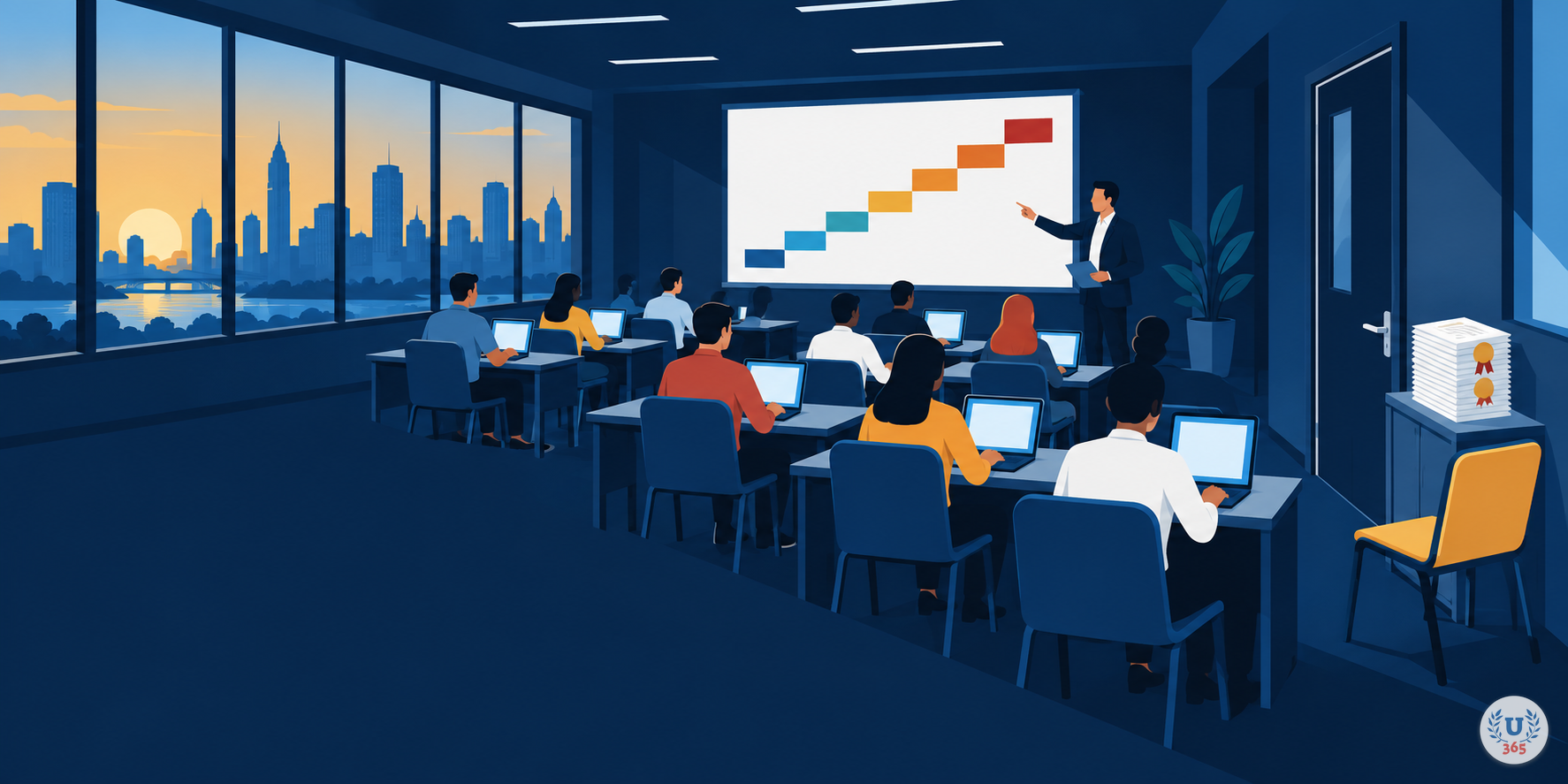 Illustration: a training workshop with a stepped wall chart and a stack of identical certificates beside an empty chair facing a distant skyline.