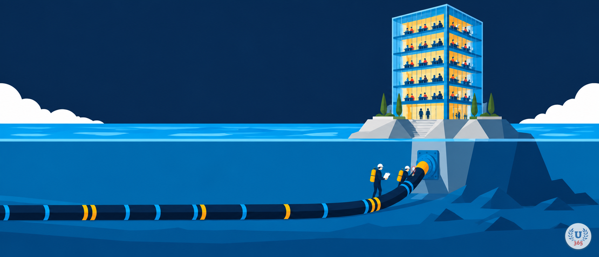 Illustration: a glass tower on a small island at night, with a single enormous cable running along the seabed from off-frame into its base while divers inspect the connection.