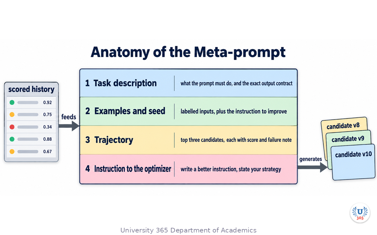 Anatomy of the meta-prompt: its four parts, from the task description and the scored trajectory to the instruction that generates the next candidate