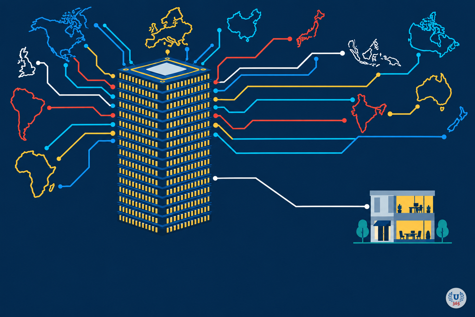 Illustration: a tall stack of memory chips feeding glowing circuit traces out to land shapes around the frame, with a small building connected back.