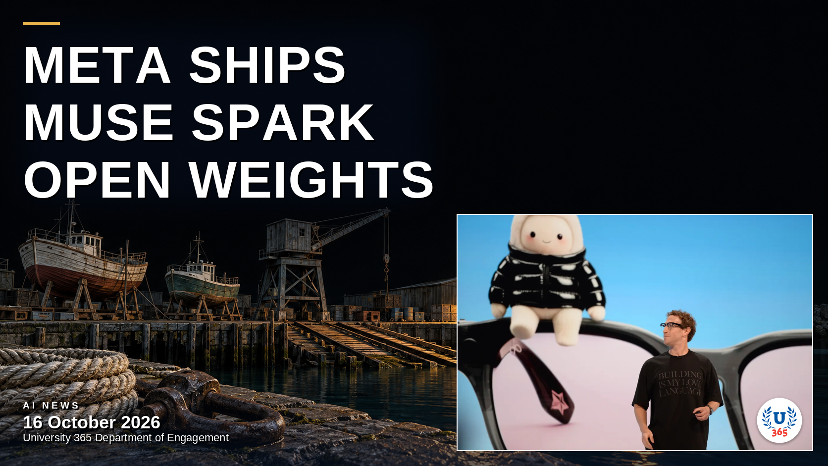 Editorial illustration of a shipyard slipway at night where a newly launched coastal vessel floats free beside the yard, its deck work-lamp lit, small craft waiting on their cradles under the crane, standing for Meta's open-weight Muse Spark Open release that runs locally on Macs