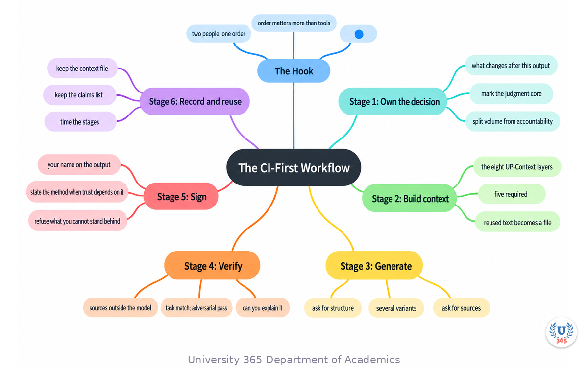 The complete CI-First workflow, from owning the judgment through generation, verification, signature and reuse