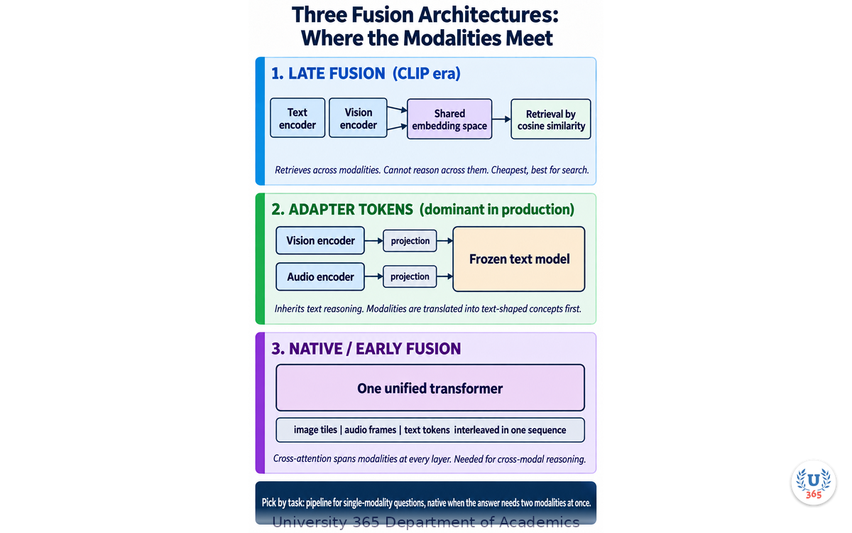 Three fusion architectures compared: late fusion, adapter tokens and native early fusion, showing where in the network the modalities meet