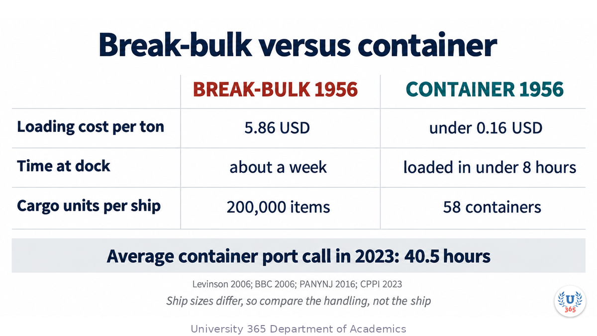 A two column comparison chart. The left column, labelled break-bulk 1956, shows a loading cost of 5.86 US dollars per ton, about a week tied up at dock, and 200,000 individual items on a typical cargo ship. The right column, labelled container 1956 and 2023, shows a loading cost of under 0.16 US dollars per ton, a first voyage loaded in under eight hours with one lift every seven minutes, and an average port call of 40.5 hours in 2023. A note at the bottom says the ship sizes are not comparable.