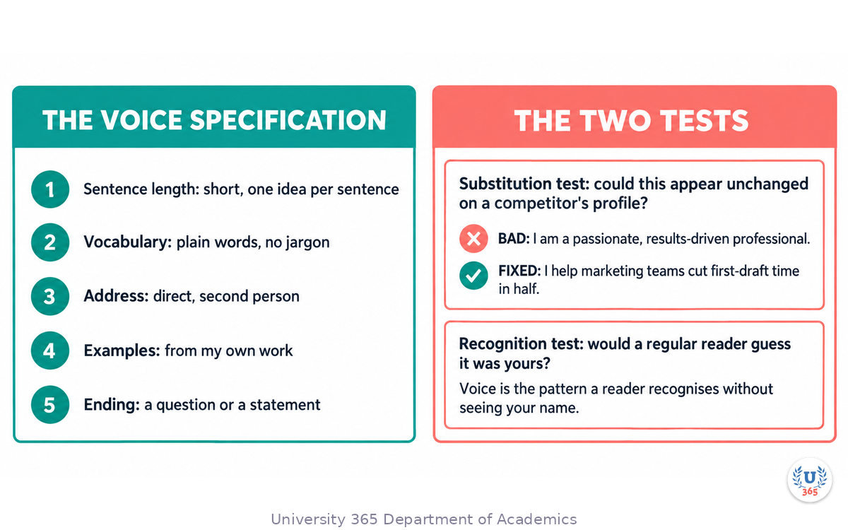 The five voice decisions written as a specification page, with a generic sentence and its de-genericised replacement