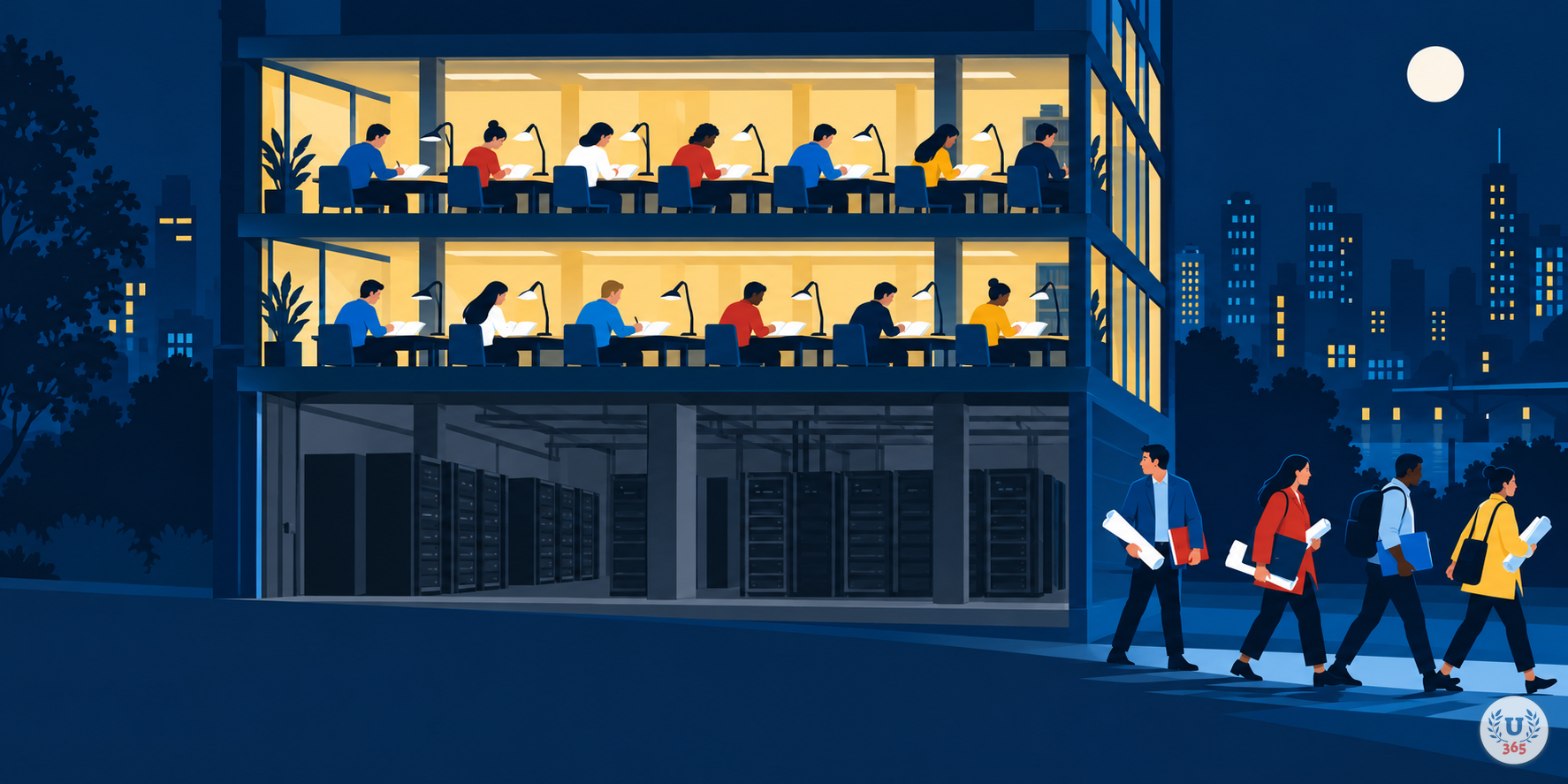 Illustration: a building whose dark server hall sits beneath a bright classroom, with figures carrying blueprints away.