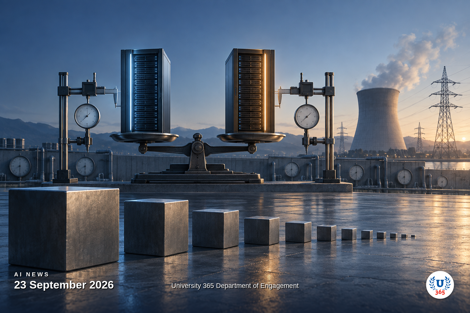 Two matched server monoliths balanced on a shared scale in front of dial gauges, a descending row of metal blocks and a cooling tower, representing cheaper frontier models and tightening datacentre power constraints