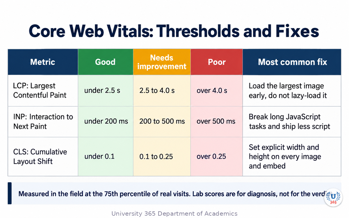 Core Web Vitals thresholds table with the fixes for each metric