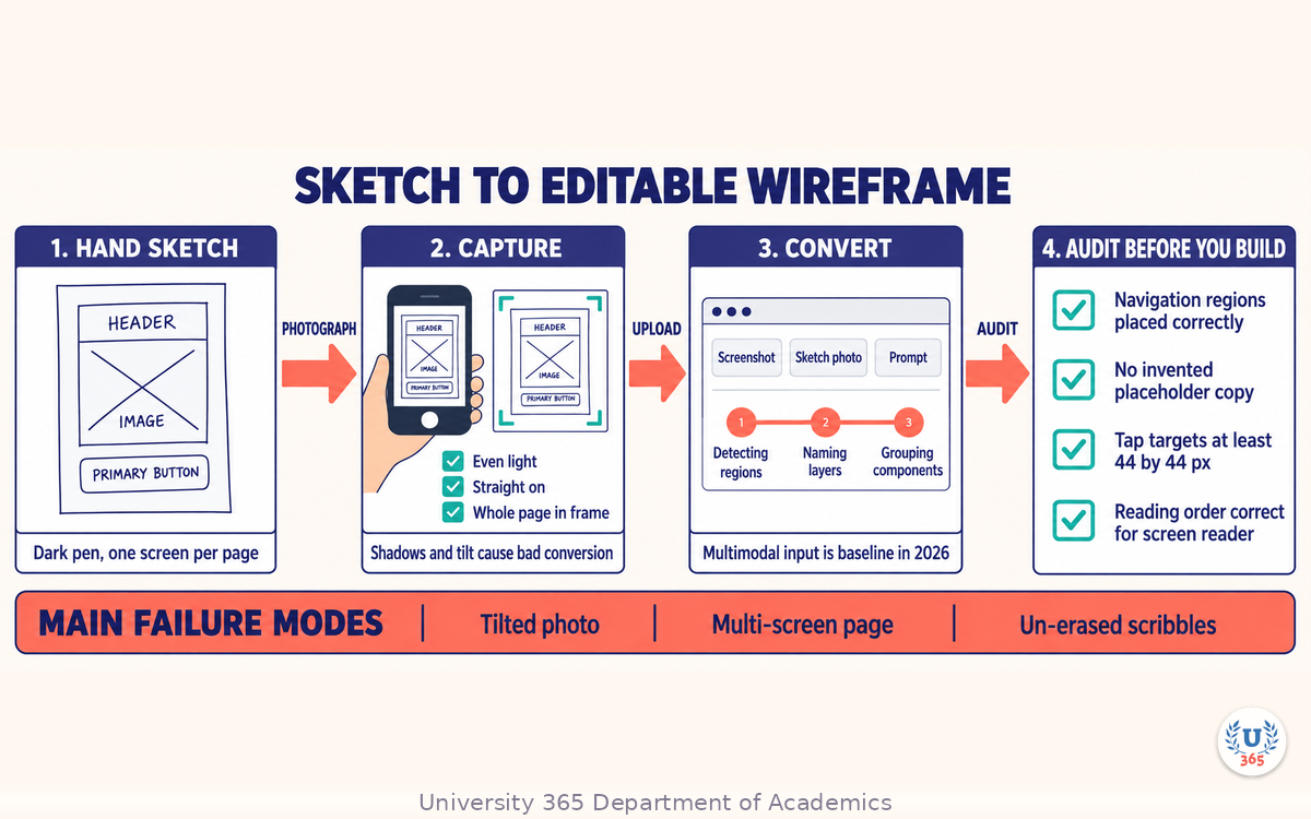 Pipeline from paper sketch to photographed image to editable wireframe with recognition stages