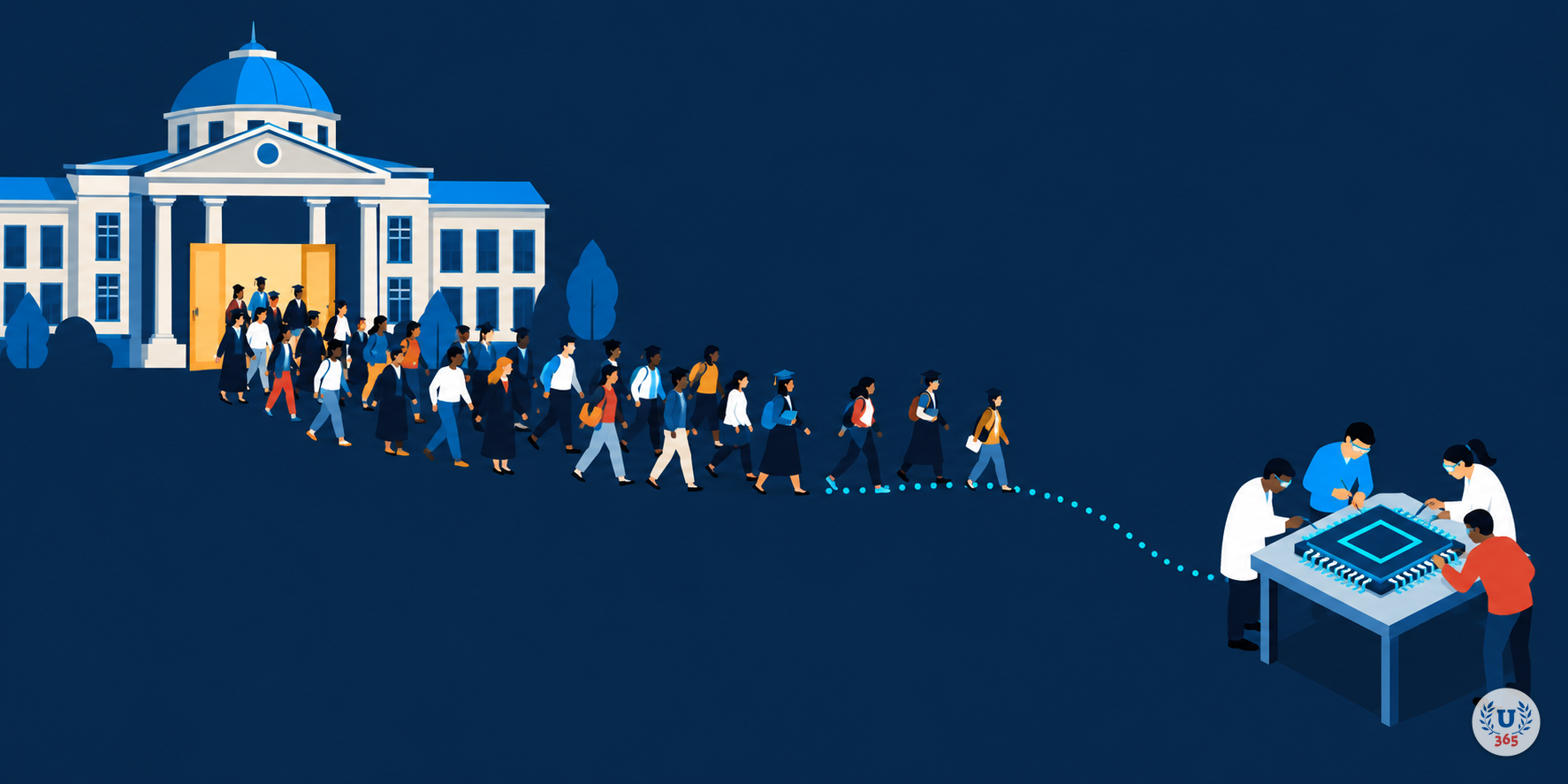 Illustration: a crowd leaving a university building, and a small group at a workbench examining a chip.