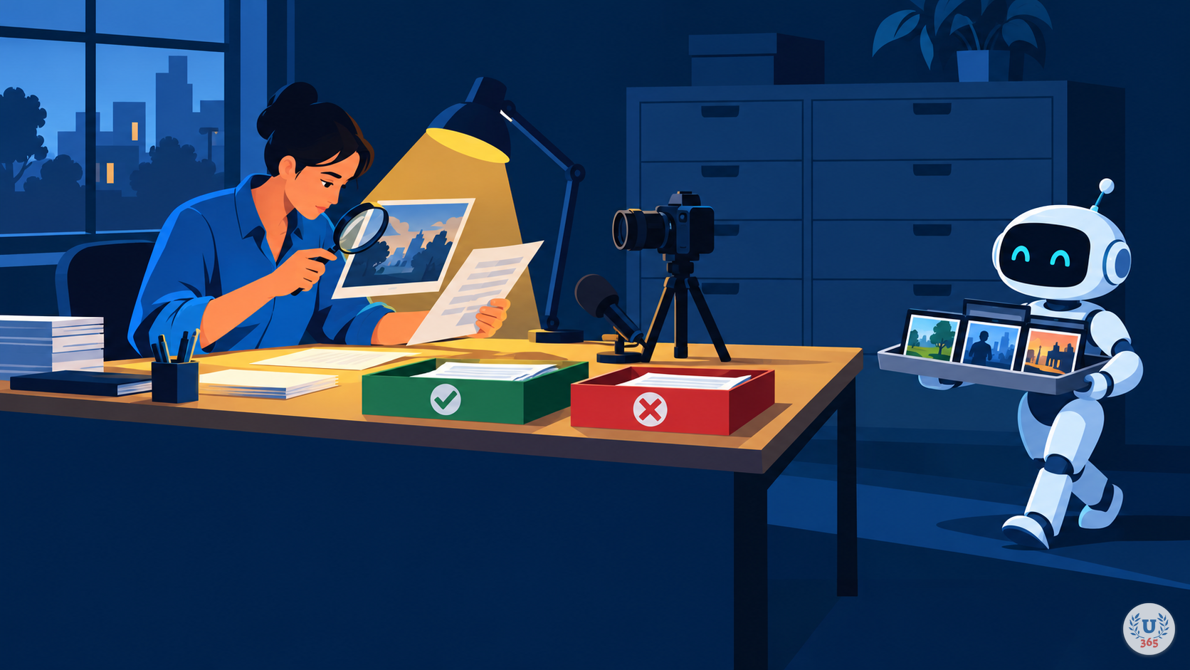 Illustration: a person examines a printed frame under a lamp while a robot brings a tray of screens; two sorting trays carry green check and red cross stamps.