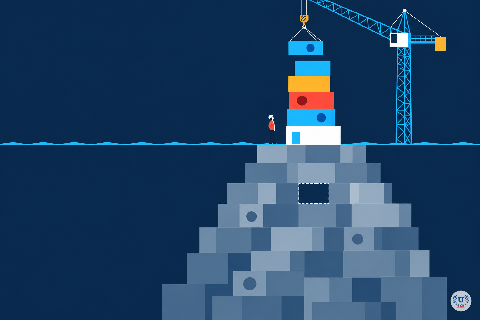 Illustration: a tower of solid blocks rises above a much larger translucent base.