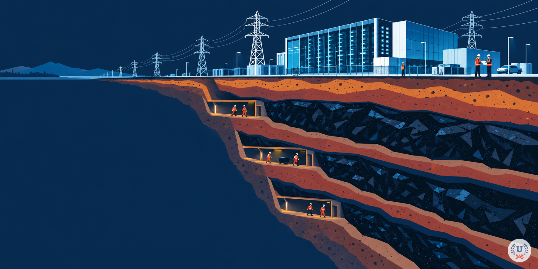 Illustration: a data centre and power pylons on the surface, with unmined mineral seams running away below ground.