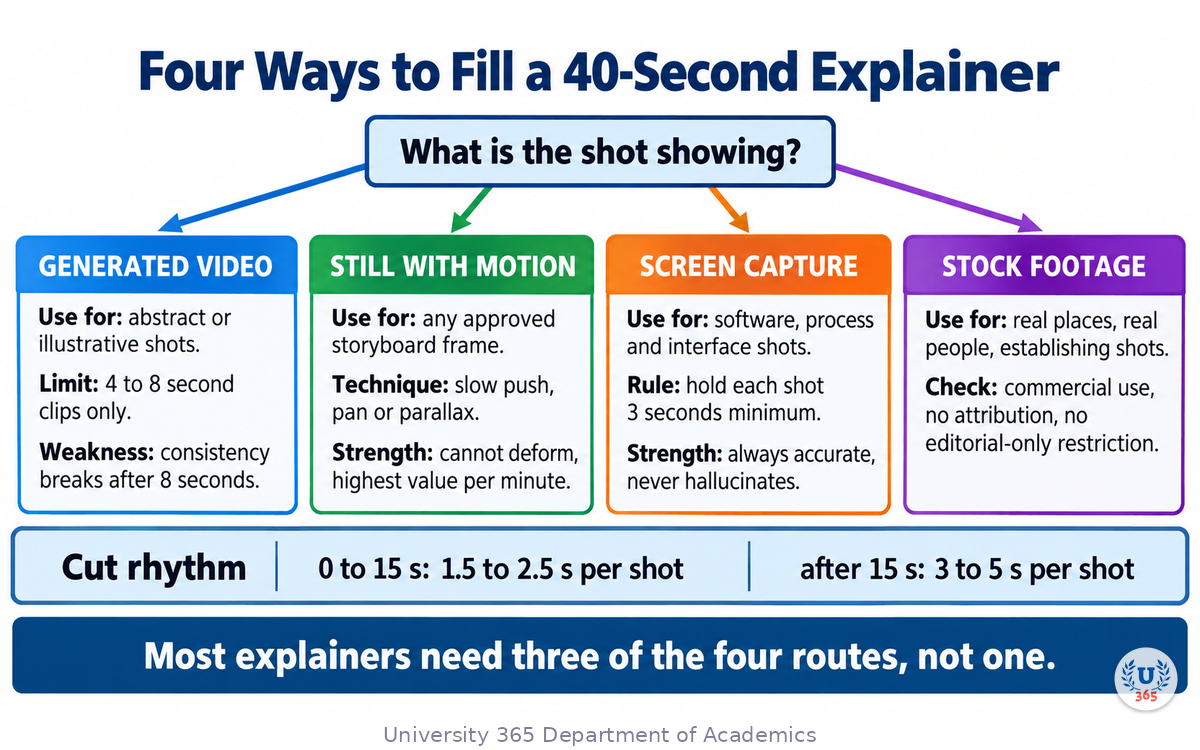 The four ways to fill a 40-second explainer and the cut rhythm that holds attention