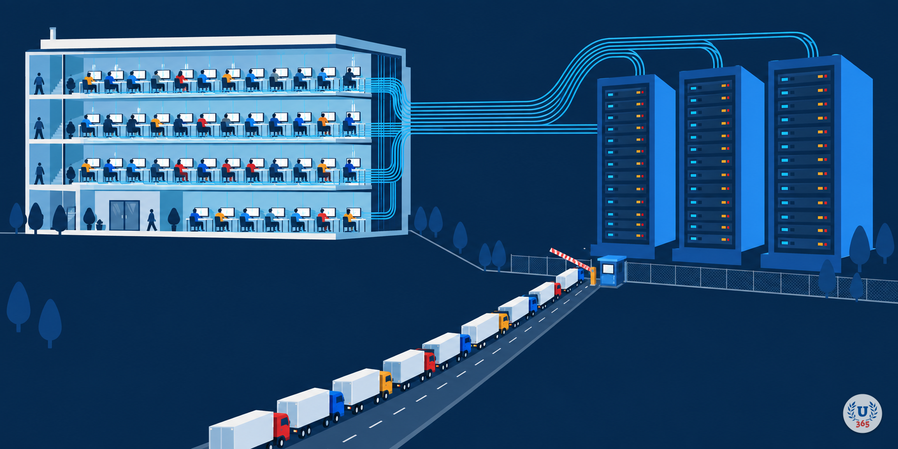 Illustration: an office building whose desk screens connect by cables to server towers outside, with a queue of trucks at a barrier.