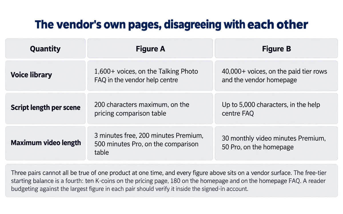 KreadoAI: the vendor's own pages publishing different figures for the same inventory, illustrating what to verify inside a signed-in account