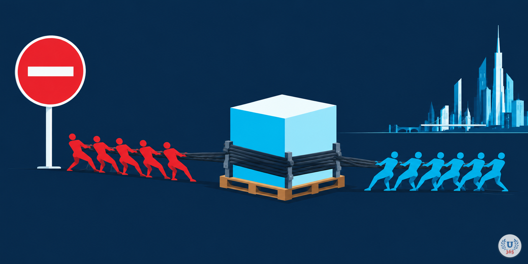 Illustration: two teams of small figures pull one glowing model cube in opposite directions, toward a skyline and toward a red stop sign.