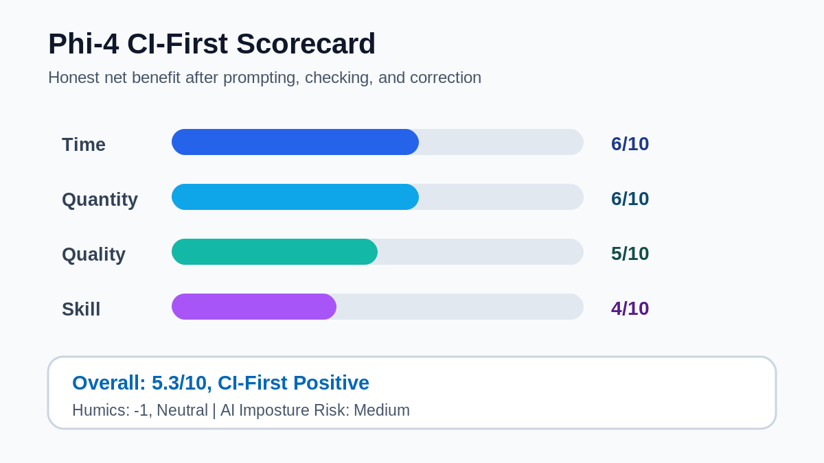 Phi-4 CI-First scorecard for Section 8 showing Time 6, Quantity 6, Quality 5, Skill 4, an arithmetic overall of 5.3, Humics score of -1, and Medium AI Imposture Risk.