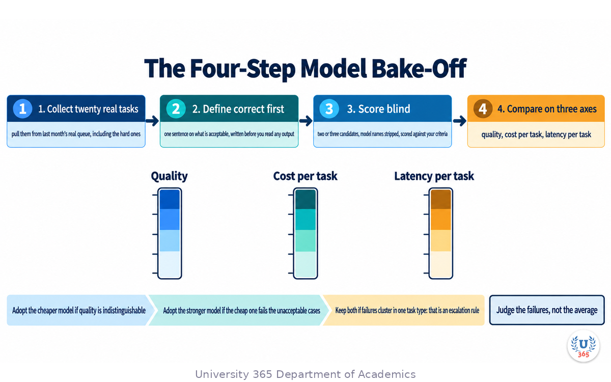 The four-step bake-off with the quality, cost and latency axes