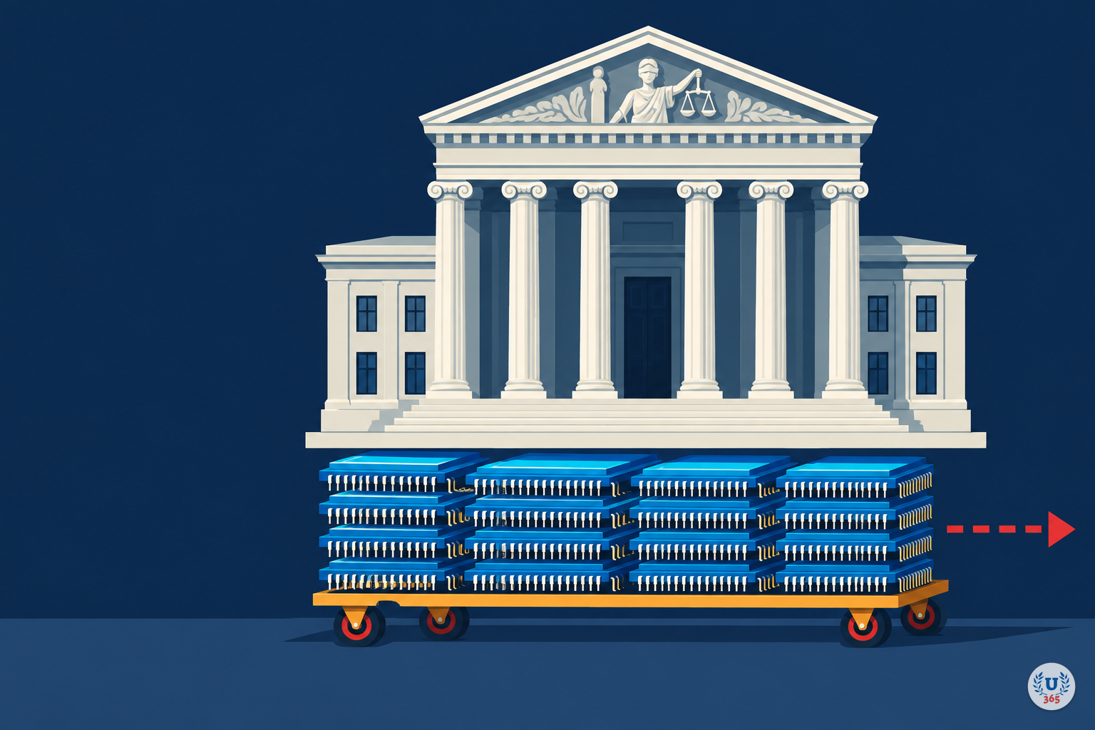 Illustration: a courthouse on a foundation of microchip dies that could be slid out.