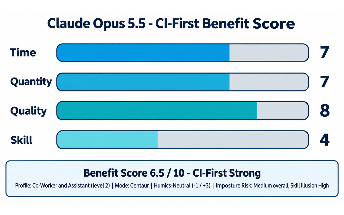 Chart showing the four CI-First sub-scores for Claude Opus 5.5: Time 7, Quantity 7, Quality 8, Skill 4, with a benefit score of 6.5 out of 10, the Co-Worker and Assistant profile, Centaur mode, Humics-Neutral, and Medium overall imposture risk with Skill Illusion High