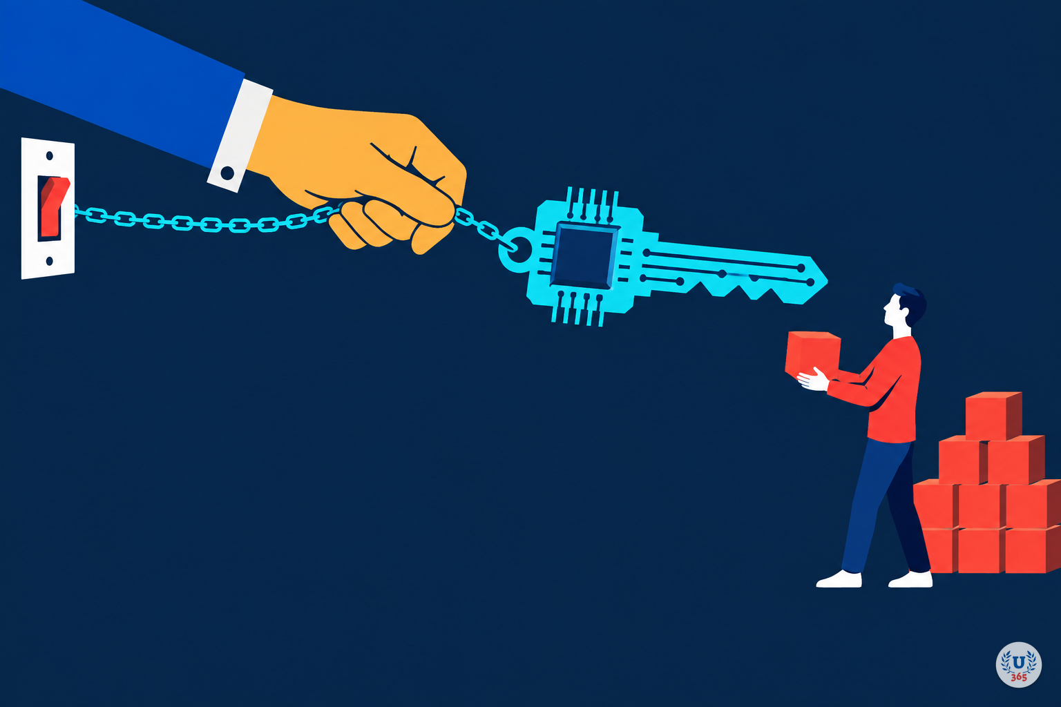 Illustration: a chip-shaped key handed over while its chain stays anchored to a switch.