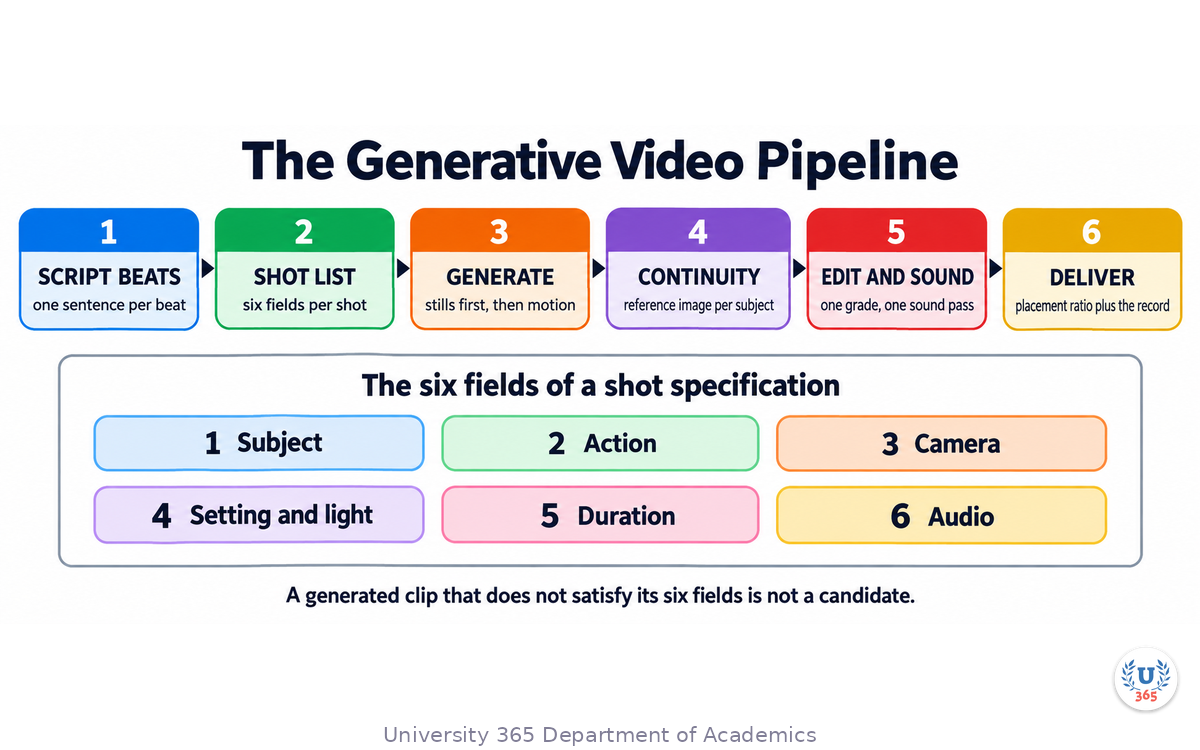 The six-stage generative video pipeline from script beats to published cut, with the six fields of a shot specification listed under the shot list stage