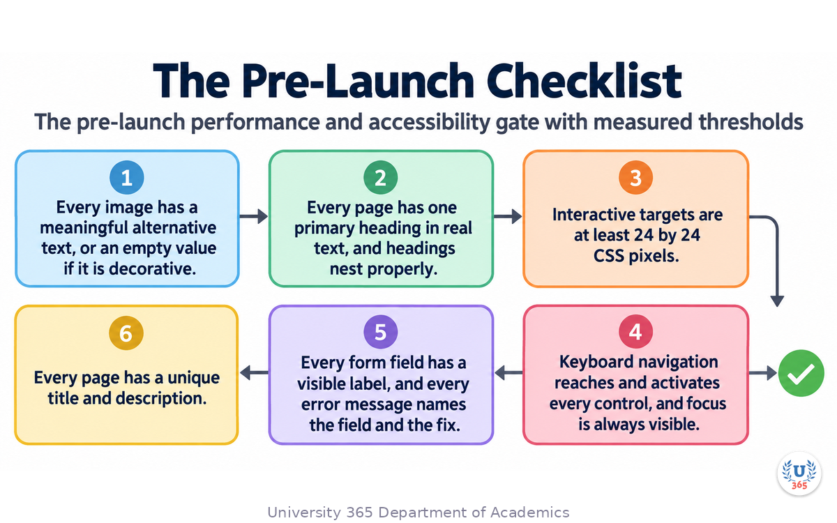 The pre-launch performance and accessibility gate with measured thresholds