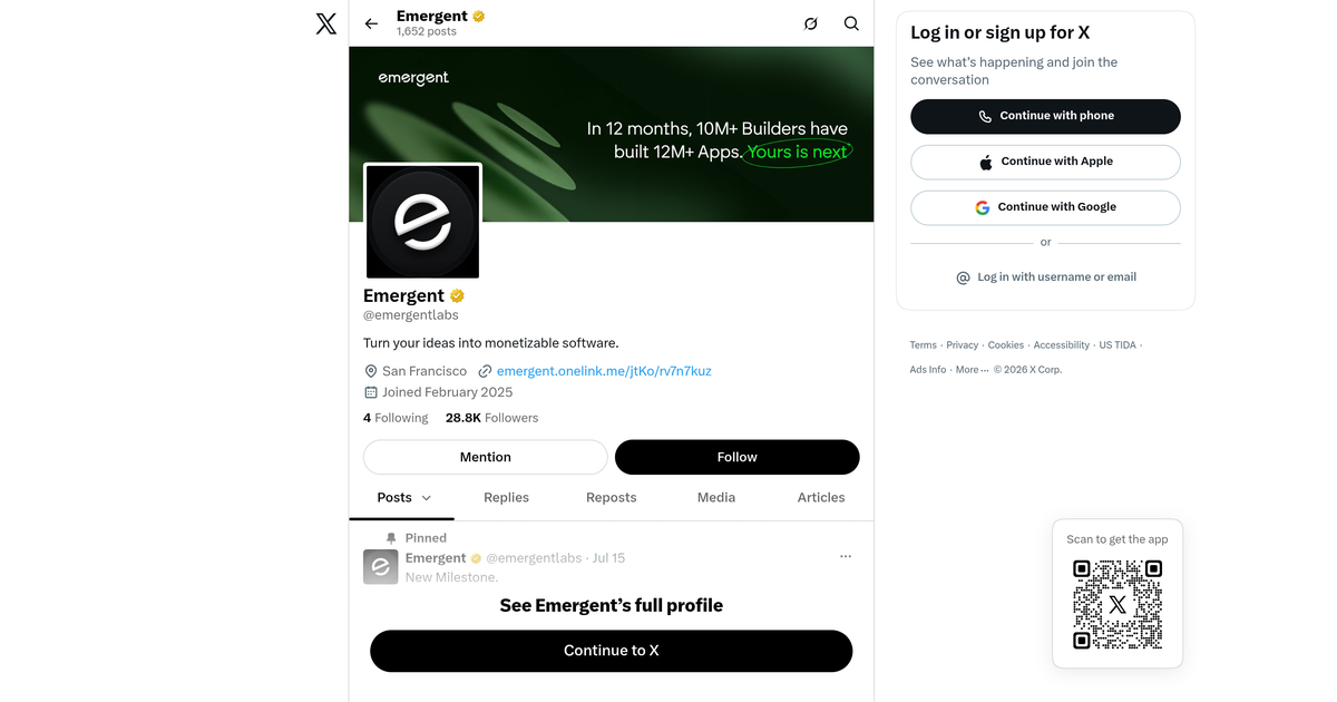 The Emergent profile on X, the vendor's own account at @emergentlabs, where a change to the pricing model, the licence over generated code or the model line would be announced before it reached a documentation page