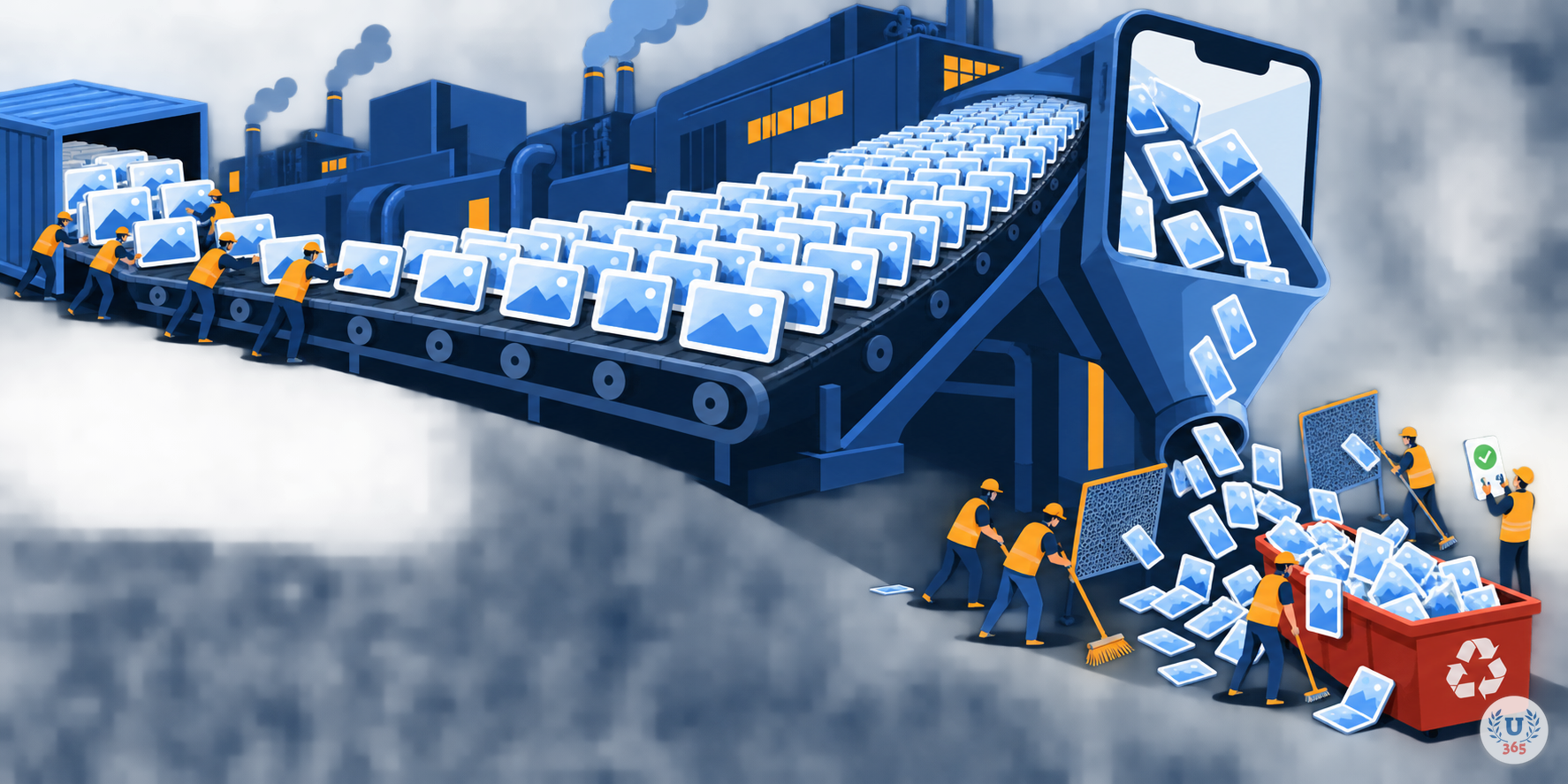Illustration: a conveyor belt feeds identical content cards into a giant screen while a small crew sorts them, one card stamped with a check mark.