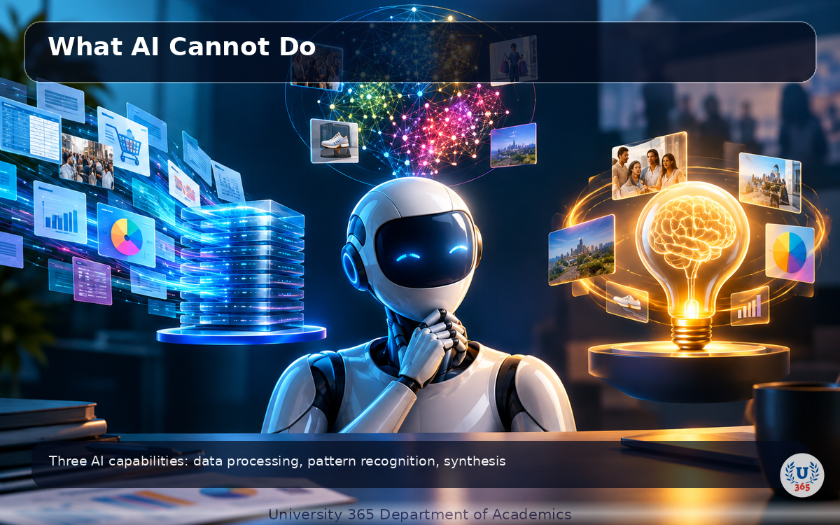 Three AI capabilities: data processing, pattern recognition, synthesis
