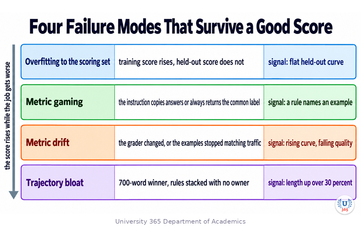 Four failure modes that produce a high score while the real job gets worse, each with its warning signal