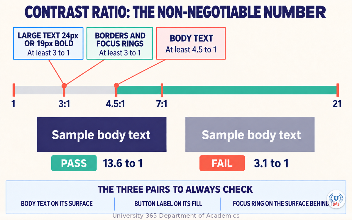 Contrast ratio thresholds by use, with pass and fail examples at real ratios