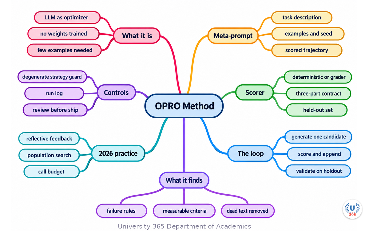 Complete mindmap of the OPRO method: what it is, the meta-prompt and its four parts, the scoring function and its four decisions, the worked loop, what the optimizer finds, the 2026 reflective-optimizer line, where it fits in an agent stack, the failure modes and the governance controls