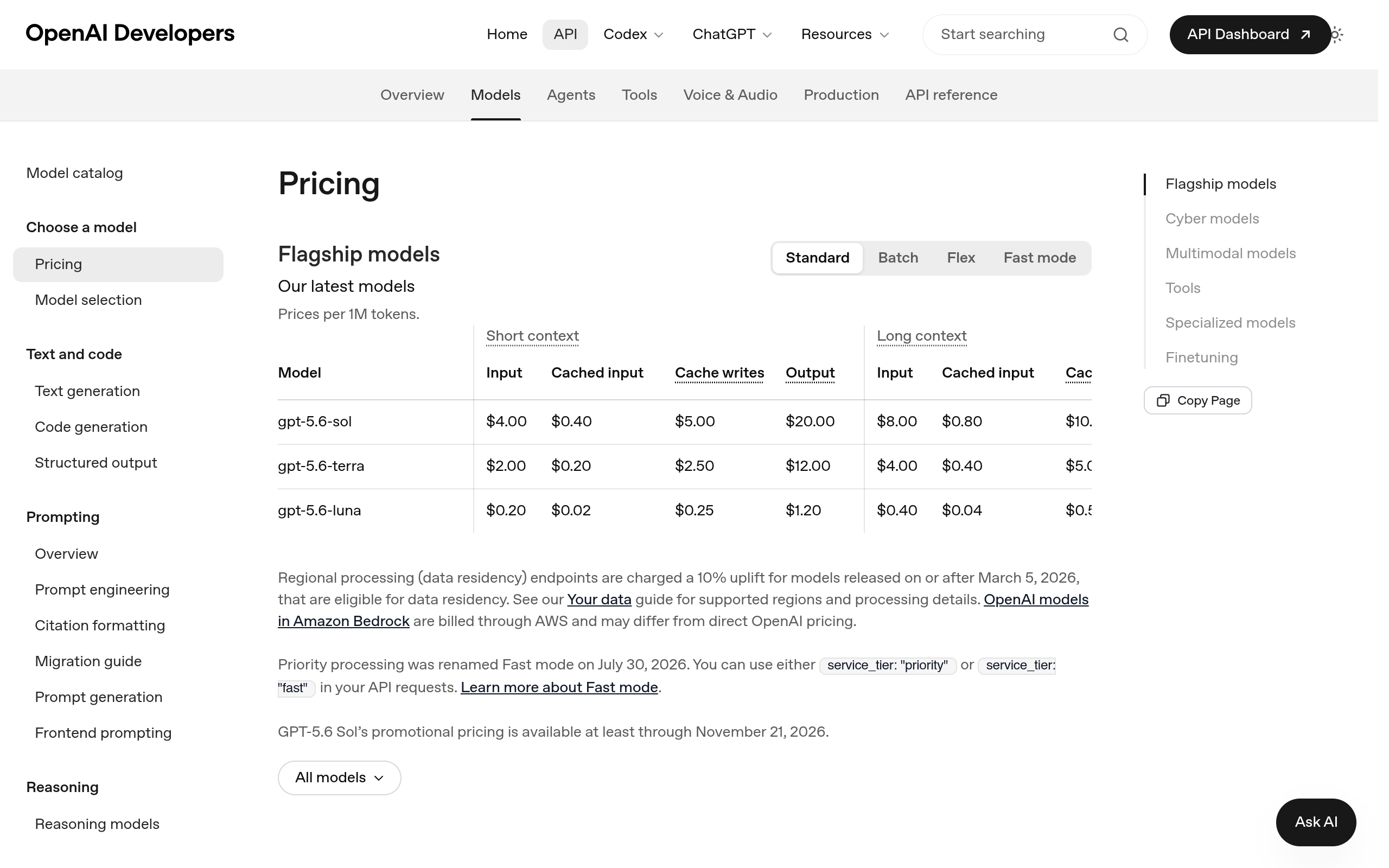 Screenshot of the OpenAI API pricing page showing GPT-5.6 Sol, Terra, and Luna tier pricing, illustrating Section 4 (How It Works).