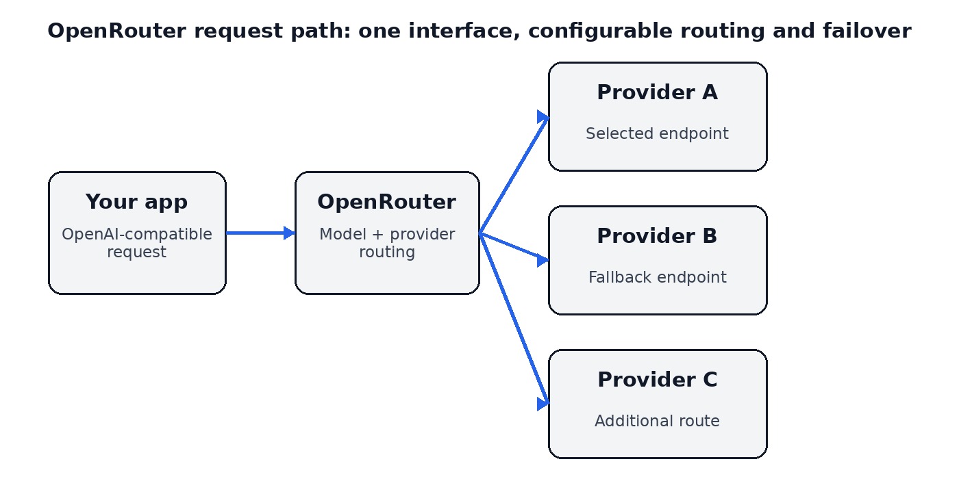 OpenRouter request path showing an application, the routing layer, and multiple provider endpoints. Illustrates Section 4 (How OpenRouter Works).