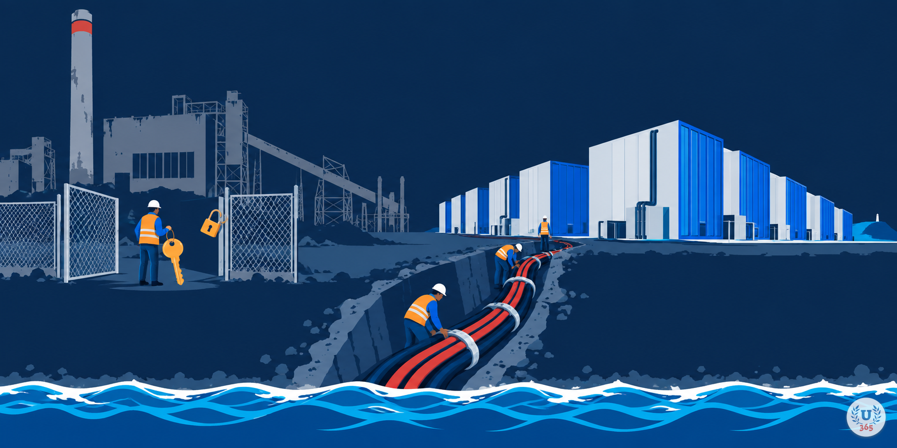 Illustration: a decommissioned coal plant beside new windowless data halls, with workers laying a huge cable toward the sea and a padlock already open.