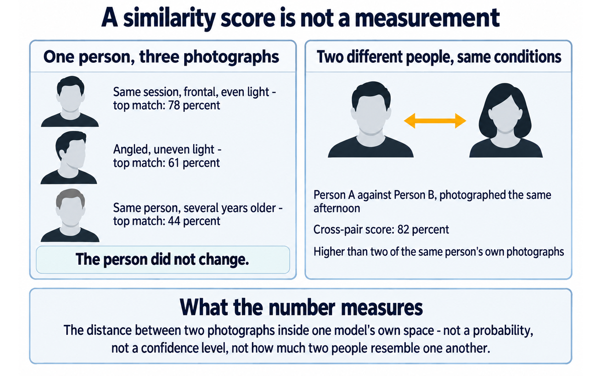 A similarity score is not a measurement: one person's score moves from 78 to 44 percent across three photographs, while two different people in the same conditions score 82 percent