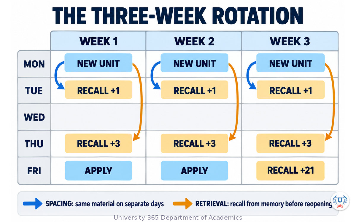The three-week rotation: new unit, recall plus one, recall plus three, apply, recall plus twenty-one