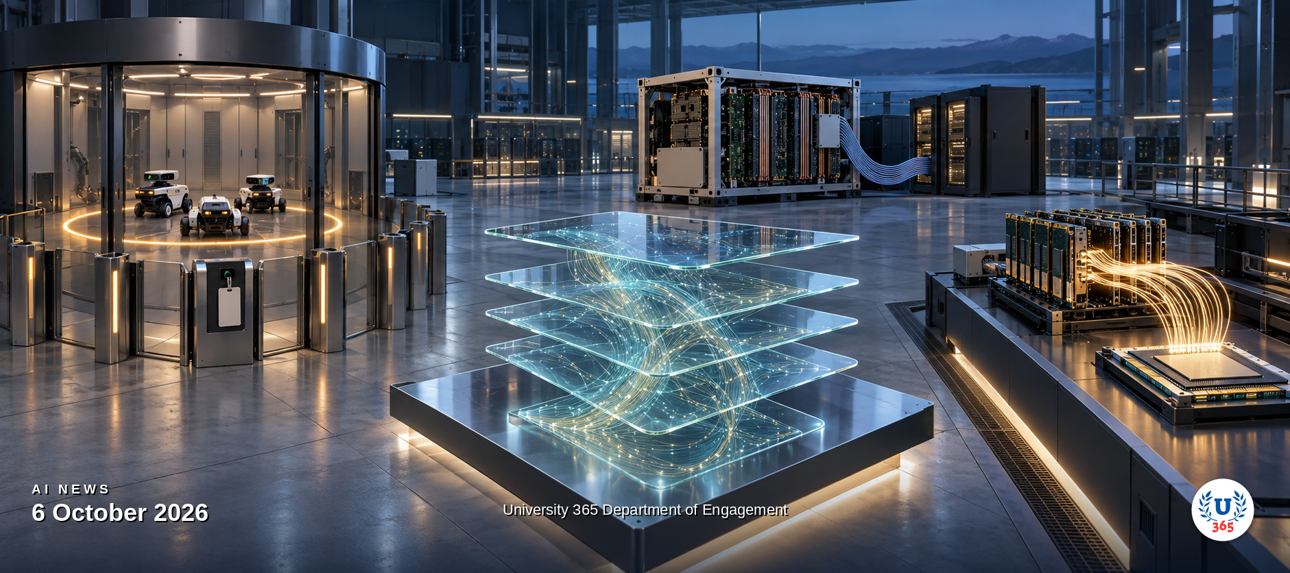 Editorial illustration of a secure operations floor where an invisible tracing watermark is woven through floating glass text panels, a sealed agent enclosure with strict access gates and a containment ring around a cluster of small robotic agents, and a photonic light path linking memory modules to a compute die, representing AI provenance rules, agent containment and the memory-wall infrastructure race