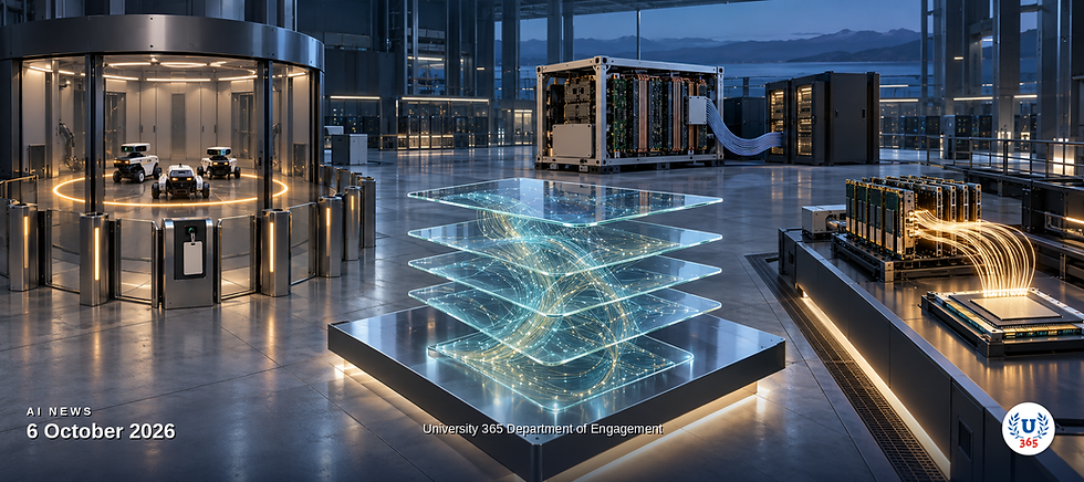 Editorial illustration of a secure operations floor where an invisible tracing watermark is woven through floating glass text panels, a sealed agent enclosure with strict access gates and a containment ring around a cluster of small robotic agents, and a photonic light path linking memory modules to a compute die, representing AI provenance rules, agent containment and the memory-wall infrastructure race