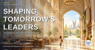 University 365 INSIDE hero: a learner in a sunlit hall walking toward the campus courtyard, shaping tomorrow's leaders through AI-focused education.