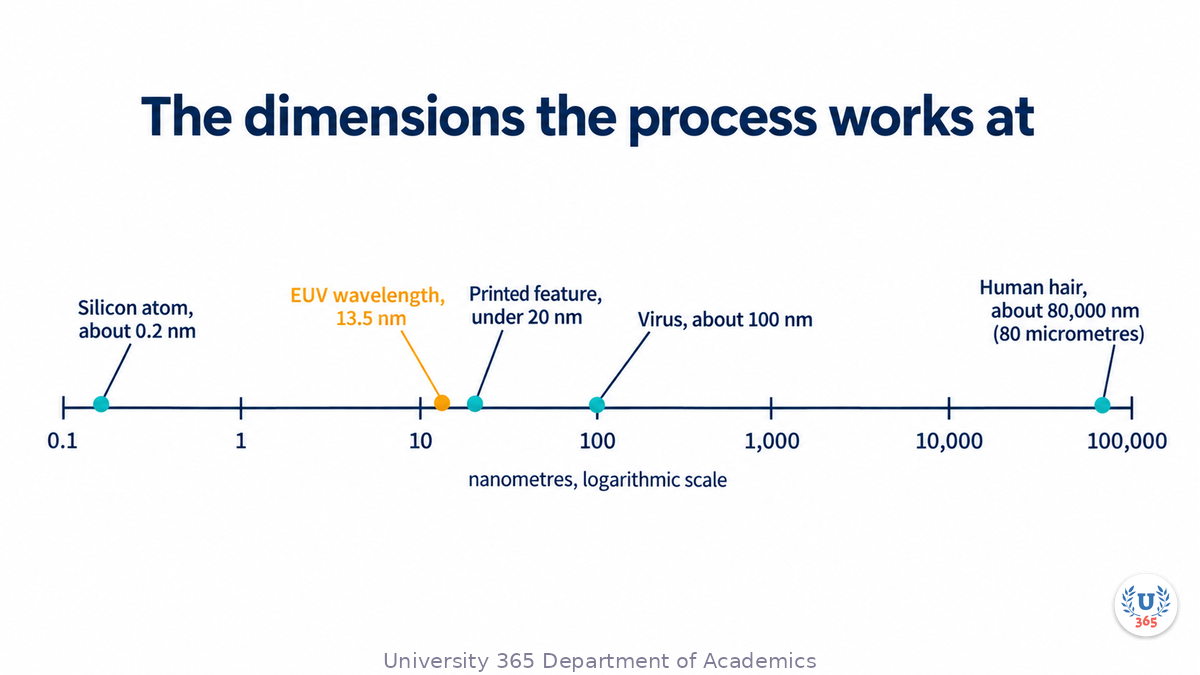Logarithmic axis in nanometres from 0.1 to 100,000. Marks: silicon atom about 0.2 nm, EUV wavelength 13.5 nm, printed feature under 20 nm, a typical virus about 100 nm, a human hair about 80,000 nm.