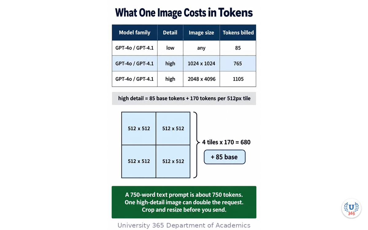 Image token cost table: detail level, image size and tokens billed for GPT-4o class models, with the 85 base plus 170 per tile formula