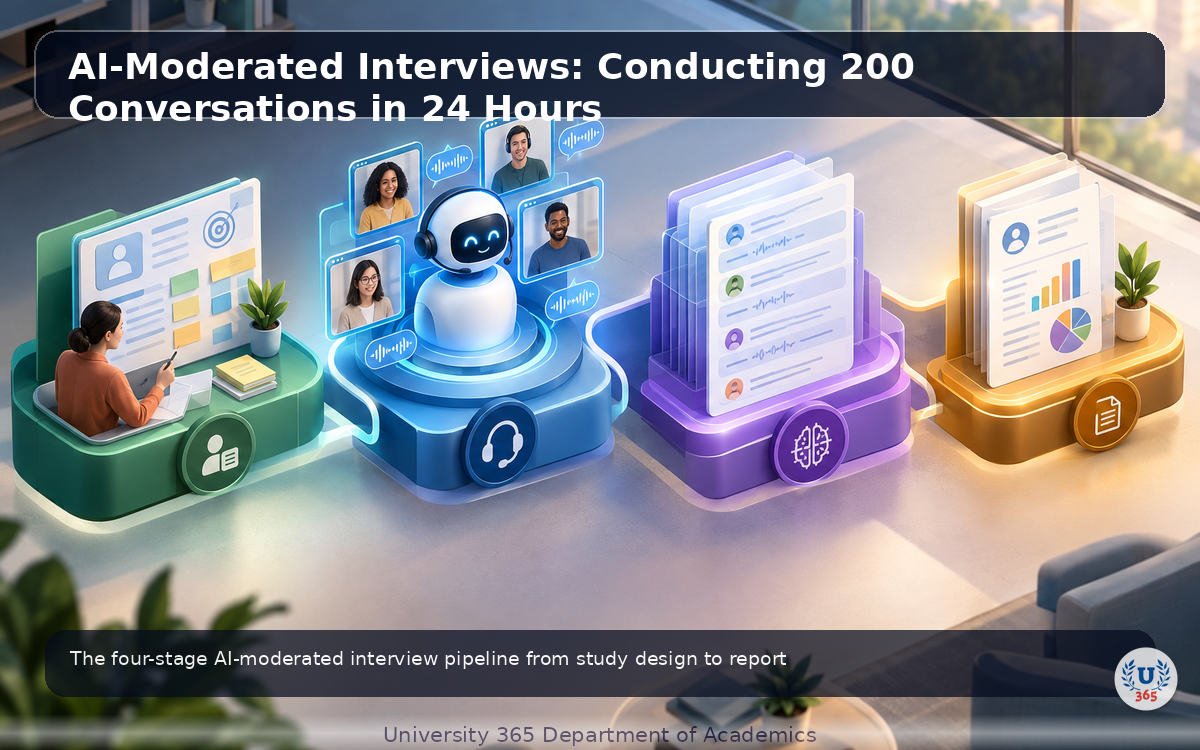 The four-stage AI-moderated interview pipeline from study design to report