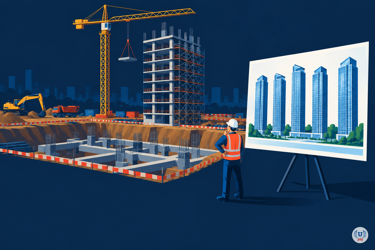 Illustration: a construction site with one half-built tower beside a presentation board showing five completed towers, with a worker looking between them.